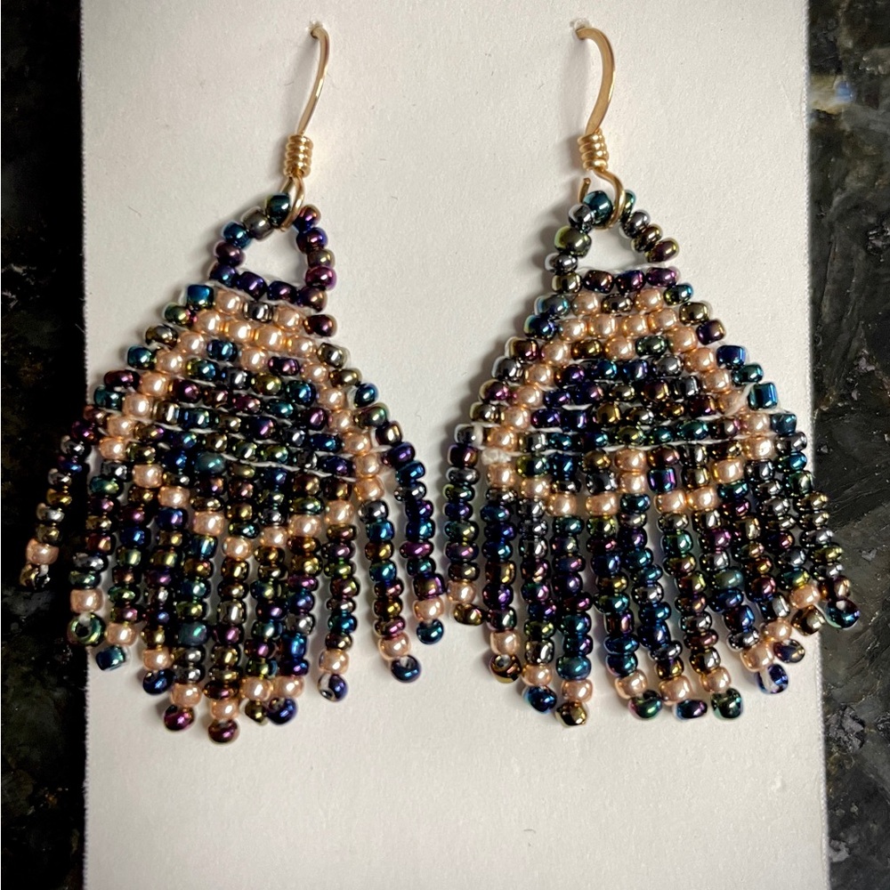 Copper & Luminescent Black Beaded Chandelier Earrings by Shanrocks